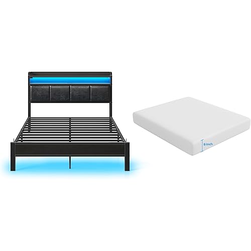 Rolanstar Bed Frame Full Size with Charging Station, LED Bed Frame with Storage Headboard, Black - 8 Inch Gel Memory Foam Mattress, Gel Infused, Fiberglass Free, Medium Firm Mattresses