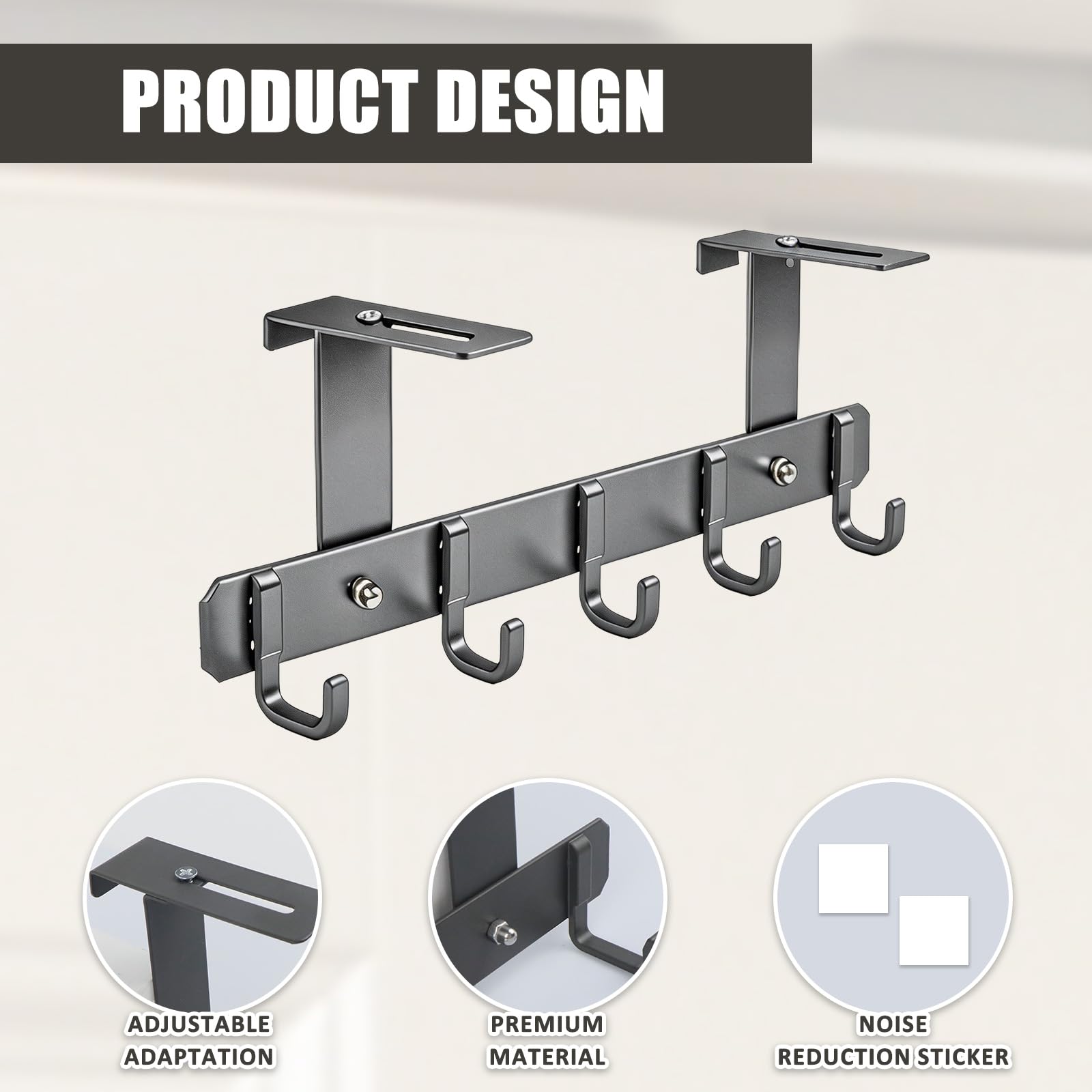 Appendiabiti da Porta, Attaccapanni da Porta, Appendino da Porte Regolabile per 22-58mm, Ganci Porte con 5 Ganci, Gancio Door per Camera da Letto, Bagno, Cucina, Grigio