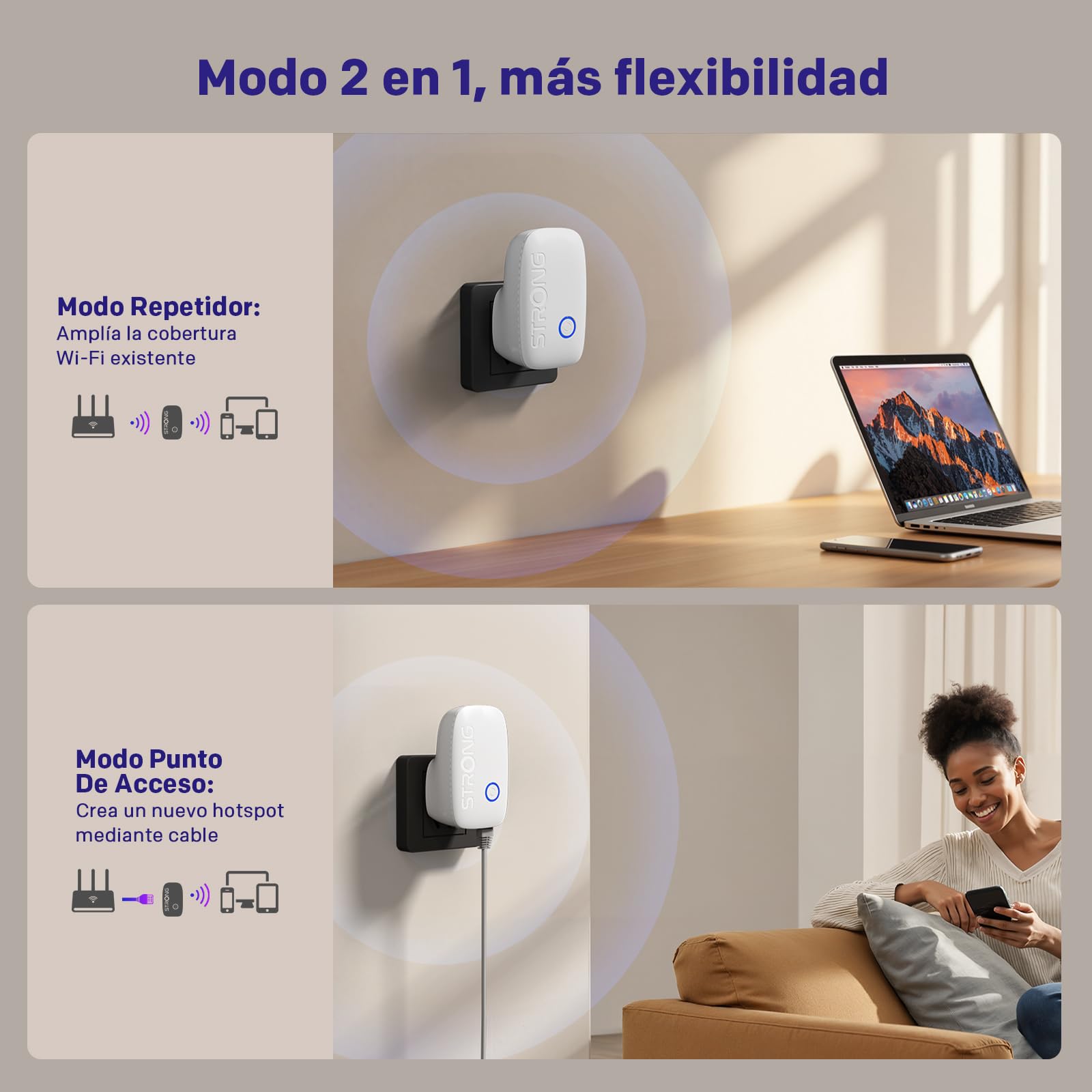Strong Repetidor WiFi AC1200 de Pared – Amplificador señal WiFi Potente Dual Band, repetidor WiFi Largo Alcance, WiFi Extender para casa con WPS y Puerto LAN