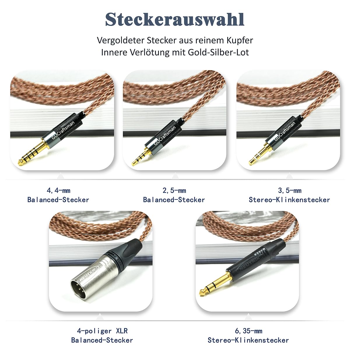 GUCraftsman Upgrade-Kabel aus 6N Einkristall-Kupfer für Audeze LCD-X, LCD-XC, LCD-2, LCD-3, LCD-5, LCD-MX4, MM-500, GRADO HP100 SE, Signature S750, Kennerton Thekk, Vali Kopfhörer (6,35 mm Stecker)