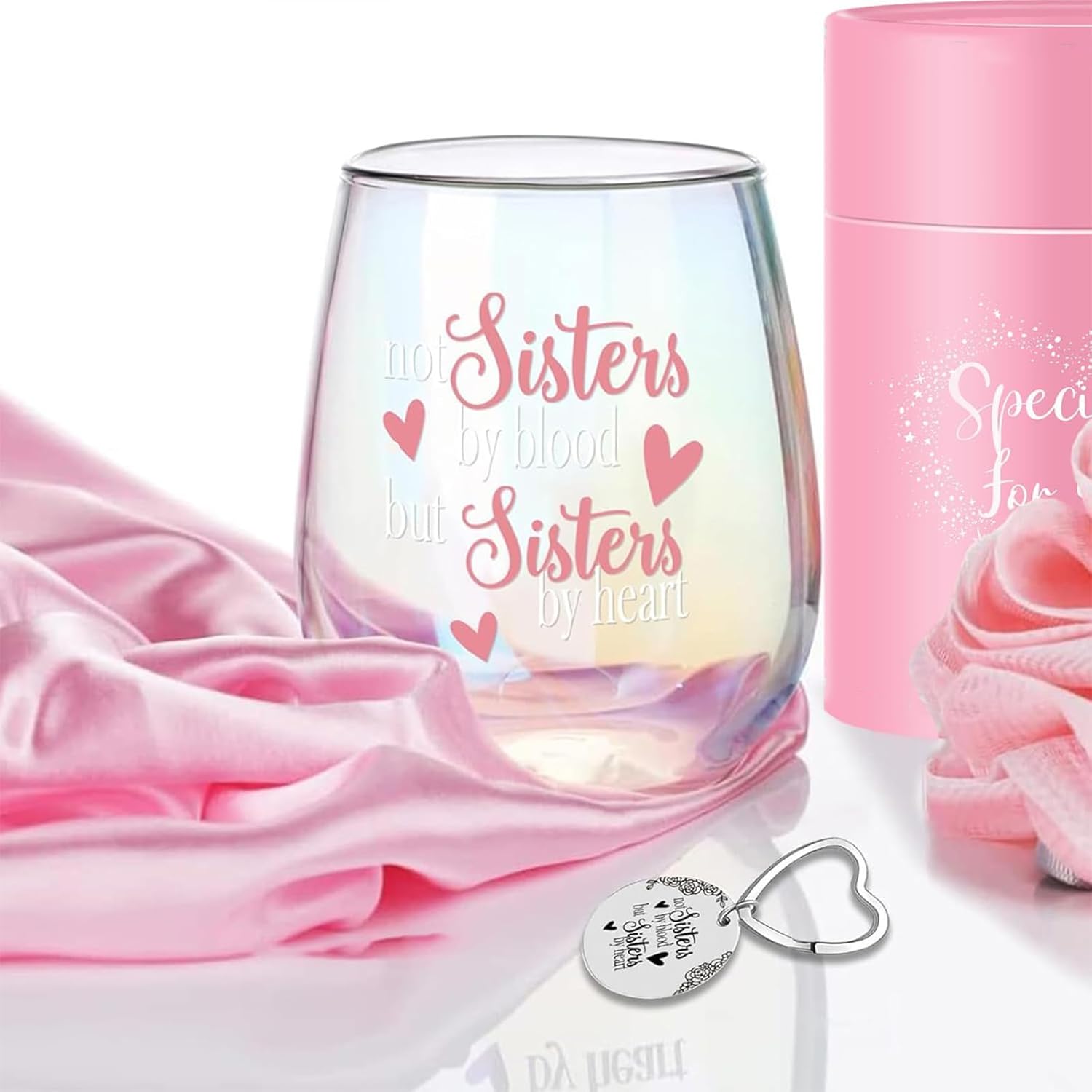 Stemless Wine Glass 'Not Sisters by Blood but Sisters by Heart' Funny Sayings Gifts for Women Best Friend Female Bestie Wine Lover Friendship Gin Gift Birthday Decor Idea (Iridescent Sister) - Image 2