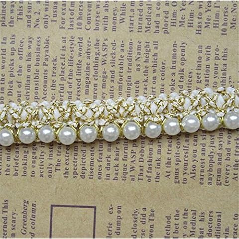 Qiuda 2 Yard Pearl Gold Thread Lace Edge Trim Ribbon 1.5 cm Width Vintage Style Multi Edging Trimmings Fabric Embroidered Applique Sewing Craft Wedding Bridal Dress Party Decor Clothes Embellishment Cover