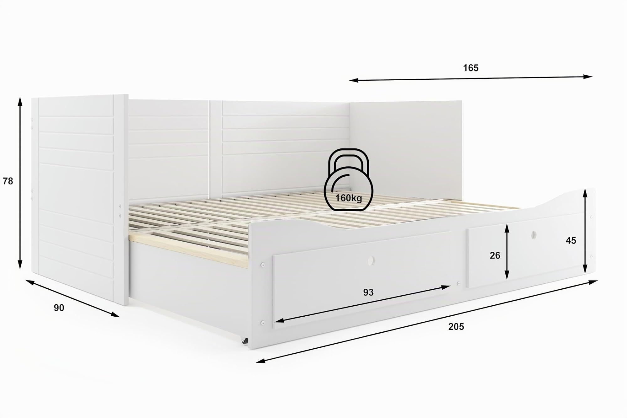Interbeds Hermes Ausziehbares Bett Kojenbett 80x200 auf 160x200 cm Tagesbett Doppelbett Funktion Schlafsofa mit 2 Schubladen, MDF & Holz, Gästebett Kinder Jugend Erwachsene (weiß)