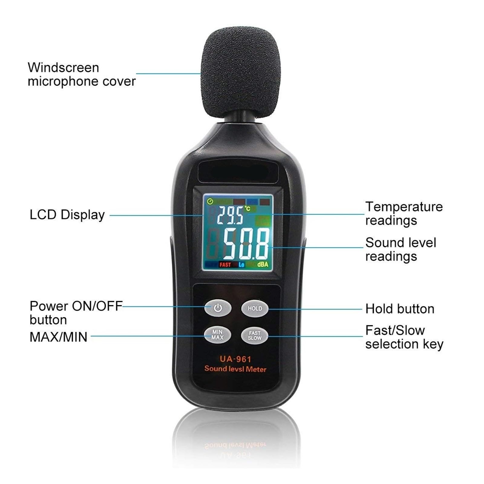 Misuratore di Decibel con Display Digitale ad Alta precisione UA961, misuratore di Rumore, rilevatore di Rumore Portatile, misuratore di Livello sonoro
