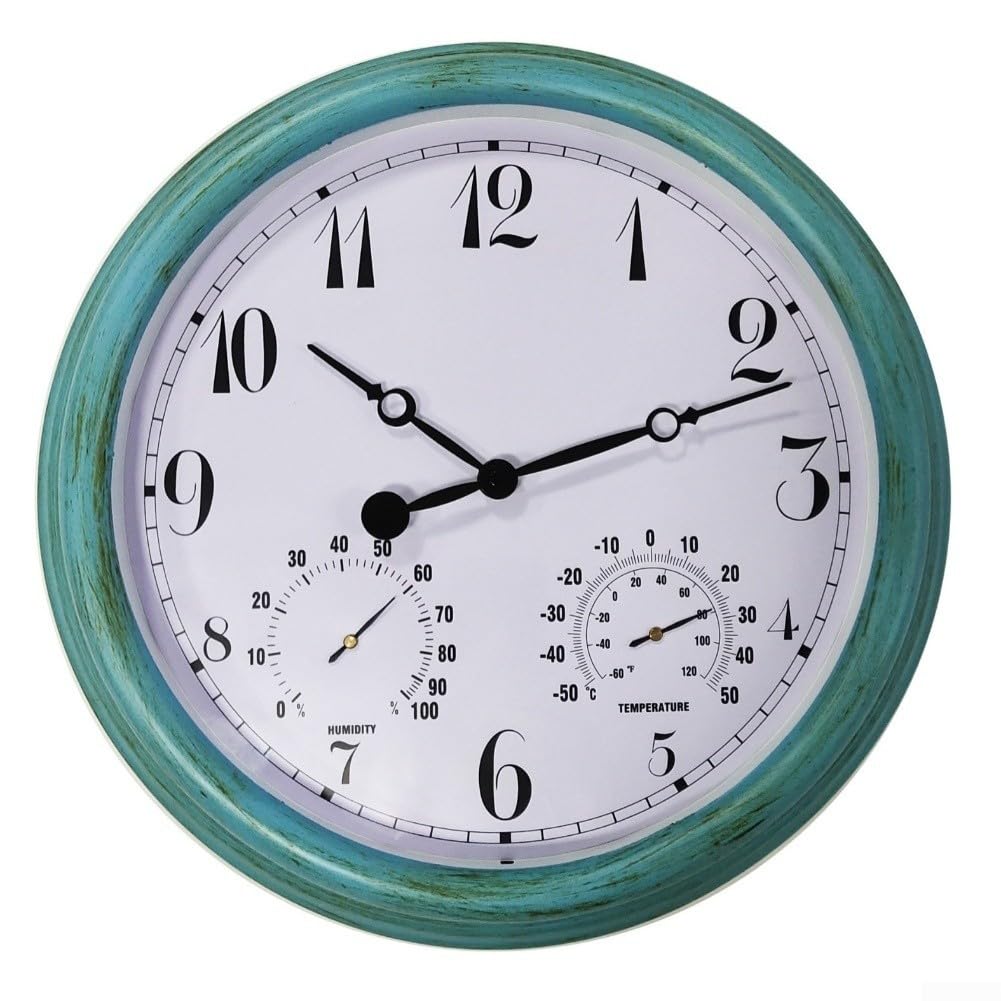 Reloj de pared para exteriores de 15 pulgadas, resistente a la intemperie, termómetro higrómetro de plástico verde, esfera grande