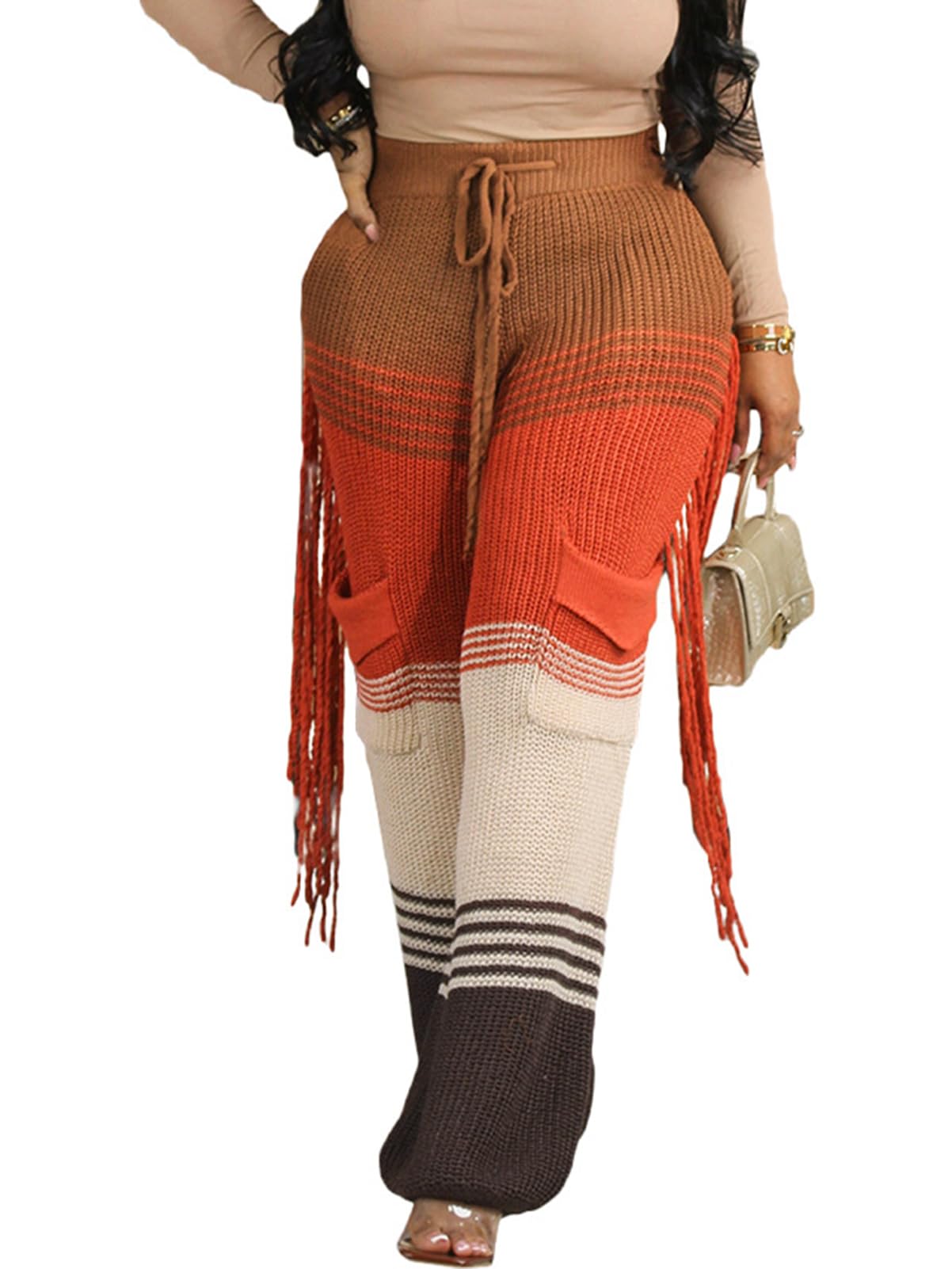 Famnbro Womens Color Block Crochet Knit Pants Drawstring High Waist Cargo Pockets Side Tassel Loose Trousers