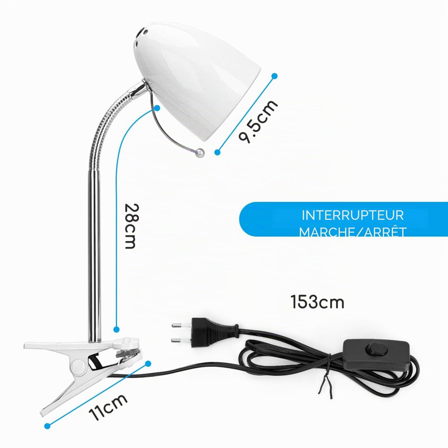 Aigostar Lampe de Bureau à Pince E27, Lampe de Lecture Clipsable Rétro, Ampoule Non Incluse, Lampe de Chevet avec Câble de 1.5 m (Max 40 W), Blanc