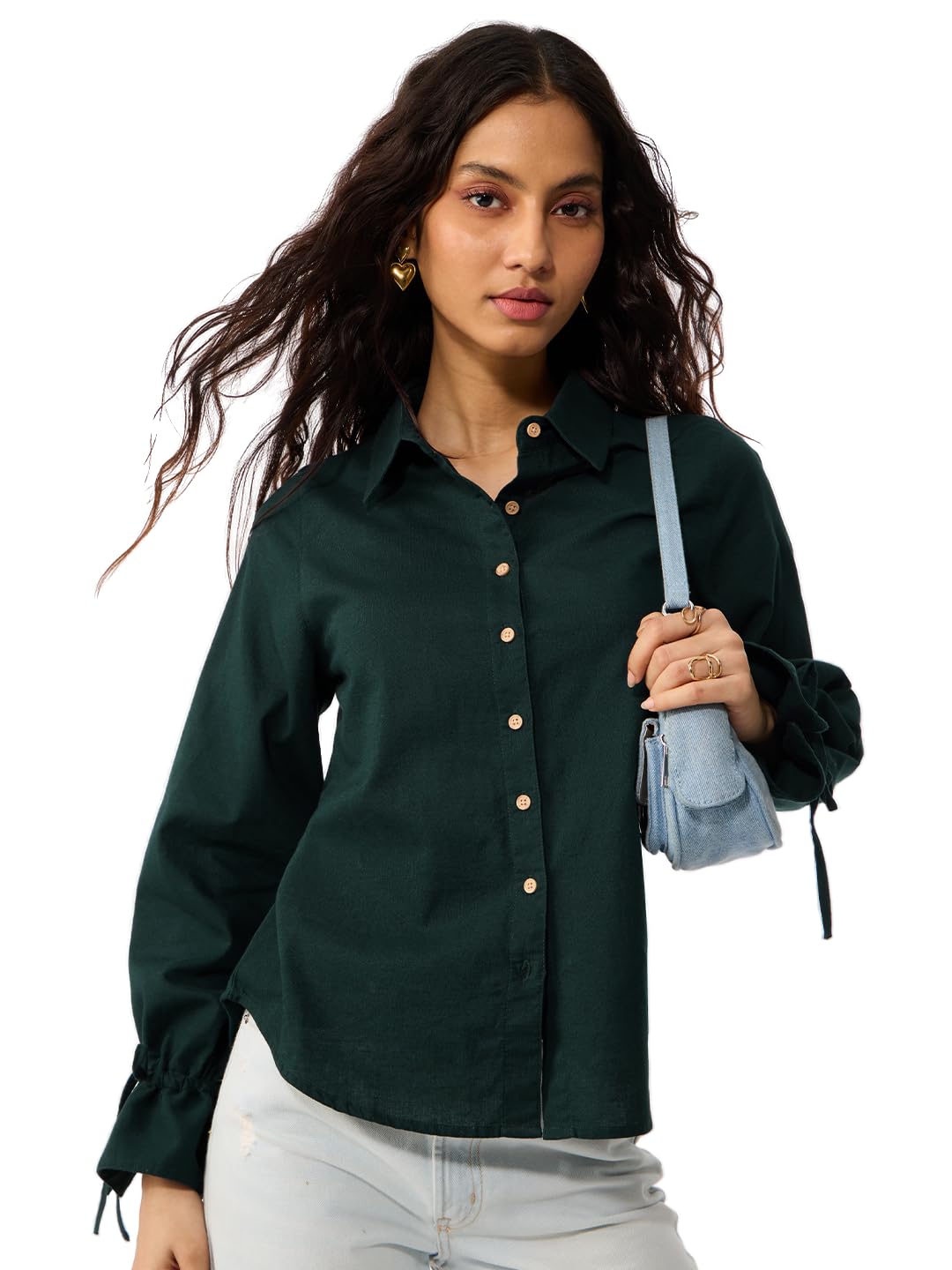 The Souled Store Myrtle - Camicia da donna e ragazza, a lunghezza intera, con colletto ampio, verde scuro, in cotone e lino, vestibilità regolare, traspirante, leggera, per tutte le stagioni, per
