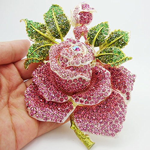 Image of TTjewelry Pink Huge Rose Flower with Green Leaf Pink Bud Austrian Crystal Rhinestone Brooch Pin B20000101