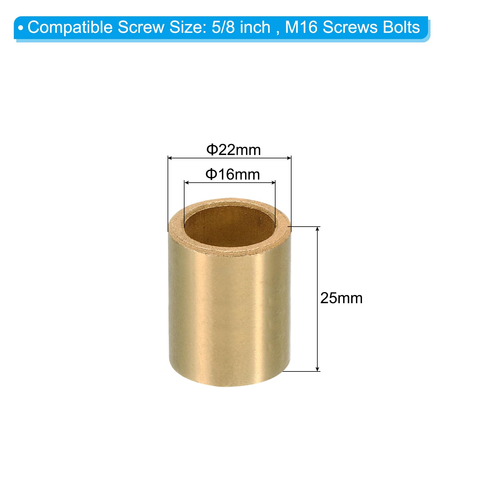 PATIKIL M16 Brass Spacers, 2 Pcs Metal Spacer Brass 16mm ID x 22mm OD x 25mm L Brass Spacers Screw Standoff for 5/8 Inch or M16 Screw - Image 2
