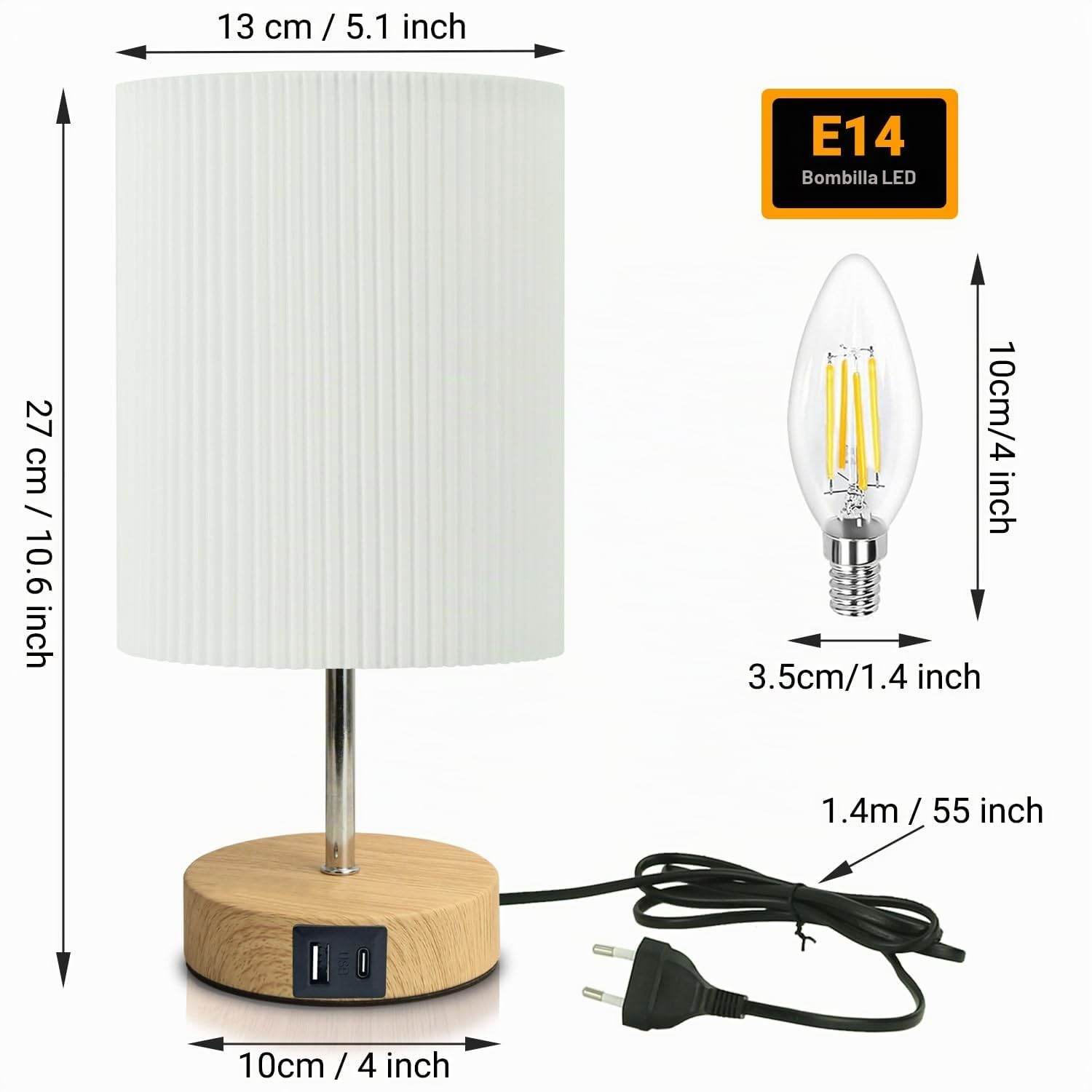 HSLighting Lámpara De Mesita De Noche, Táctil Regulable Lámpara De Mesa Con Función De Carga USB A+C 2 Bombillas LED Pantalla De Lino, Lámpara Pequeña Para Dormitorio Oficina Salón Dormitorio
