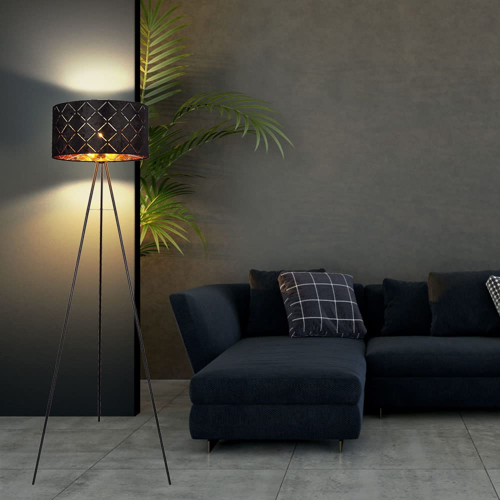 LED Stehlampe Stehleuchte Beistelllampe Wohnzimmerlampe Schlafzimmerleuchte Stativleuchte, 3 Beine textilschirm schwarz gold, 9W 810 lm warmweiß, DxH 69x149cm