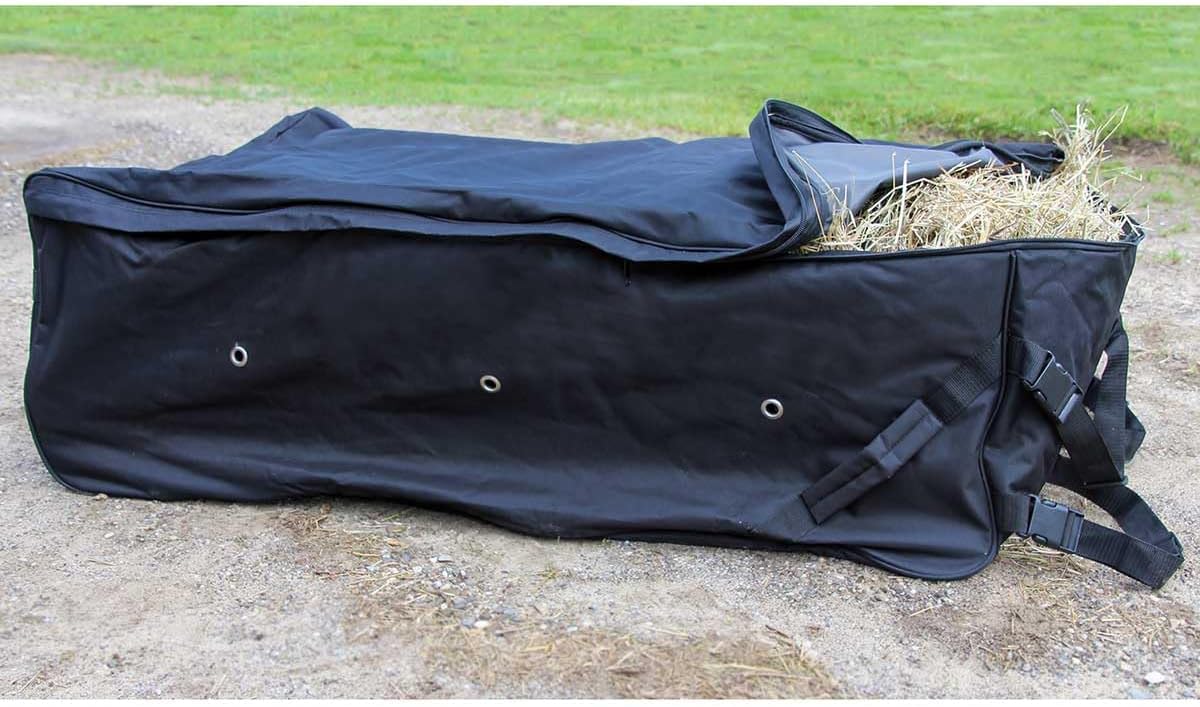 Rolling Bale Bag for Horses, Heavy-Duty Hay Bale Transport with Roller Wheels and Adjustable Straps, Unzips on Three Sides with Handles, Water-Resistant Nylon, Holds Three-Strand Hay Bales