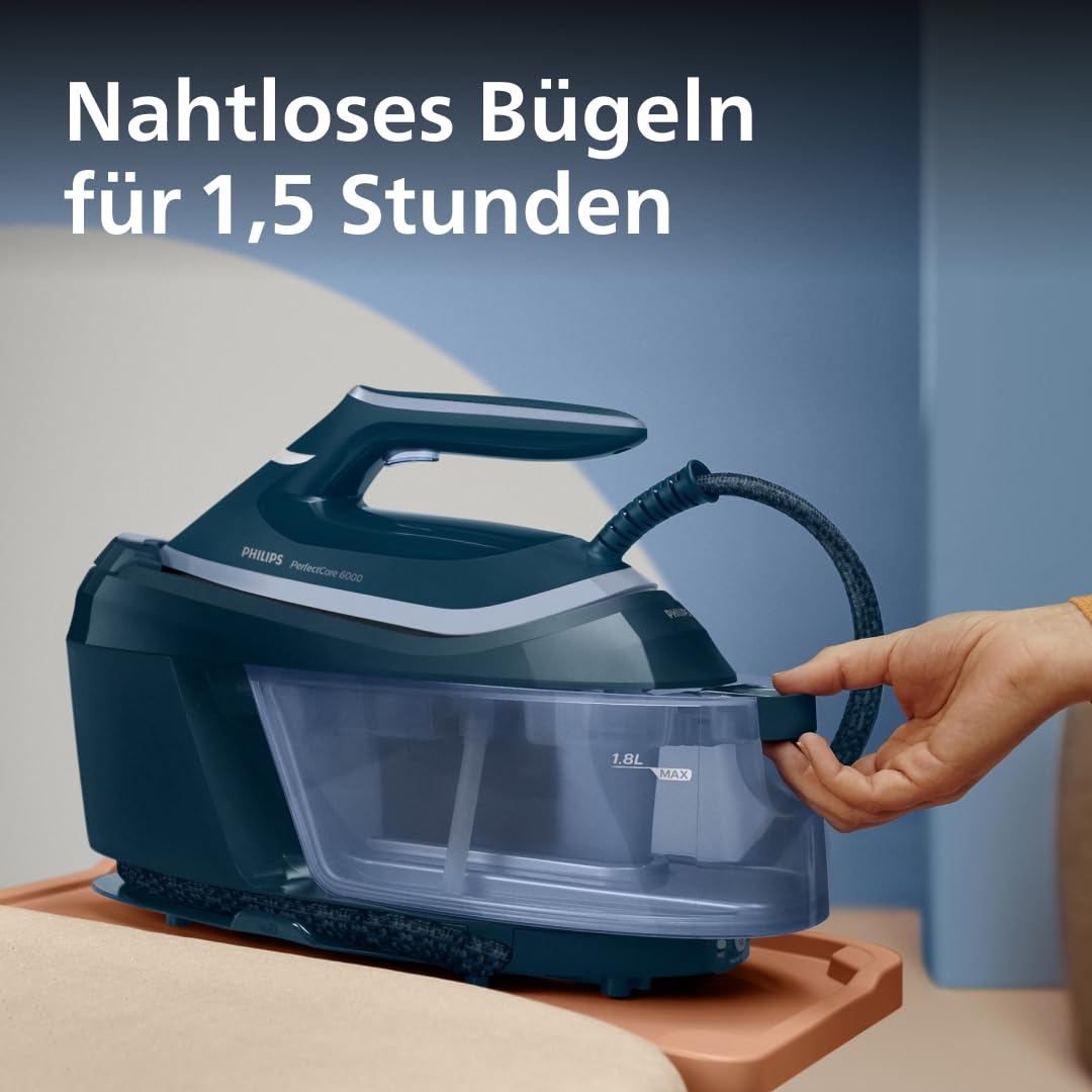 Philips Dampfbügelstation 6000 Serie, Blau, 2400W | 500 g Dampfstoß, 6,5 Bar Pumpendruck, 1,8 L Wassertank, OptimalTEMP, SteamGlide Plus Sohle(PSG6023/20)