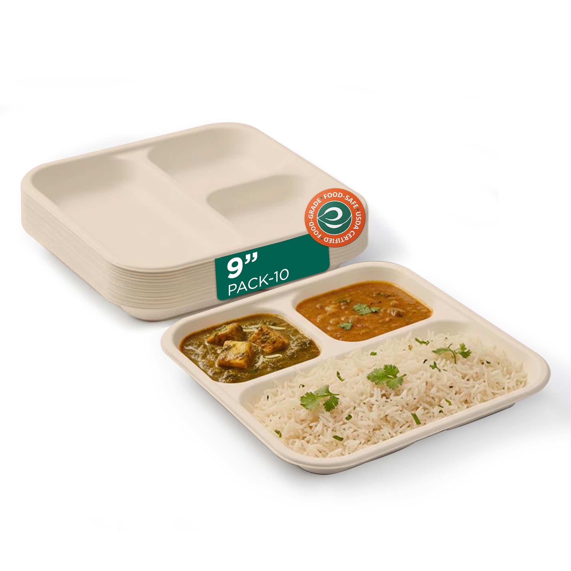 ECO SOUL | 3 Compartment Bagasse Meal Tray | 9 Inch - Pack of 10 | Disposable Plates Big Size | Compostable, Durable & Microwave Safe | Eco-Friendly Meal Tray for Lunch & Catering