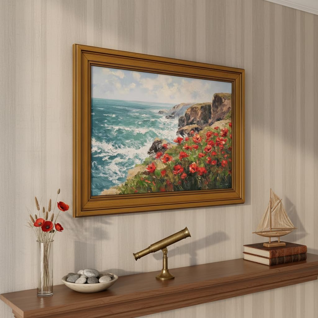 Vintage Gold Framed Coastal Wildflowers Canvas Wall Art, Cliff Landscape Poster Print Artwork, Nature Ocean Wave Painting Picture Wall Decor, for Living Room, Bedroom, Home Decoration, 12x16in