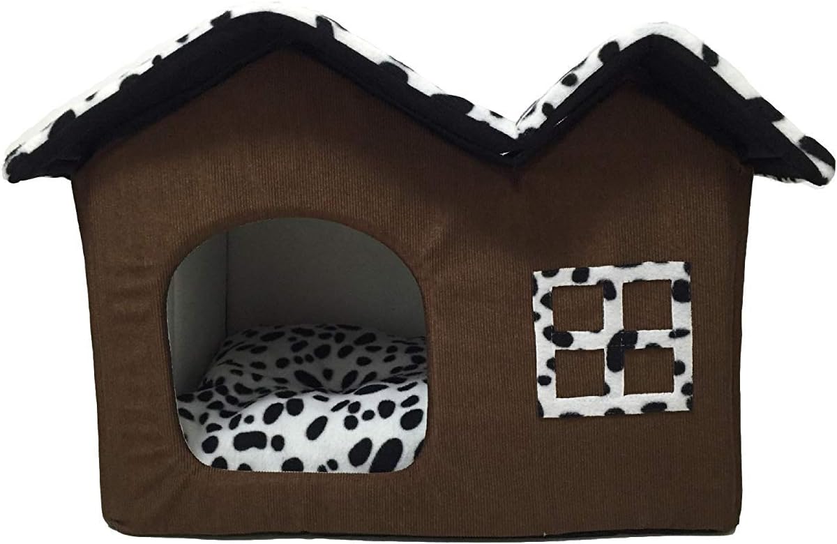 review Portable Pet Indoor Soft Dog House Bed Removable Cushion Included, Foldable Small Dog Cat Warm House Bed (Double Roof- Coffee)