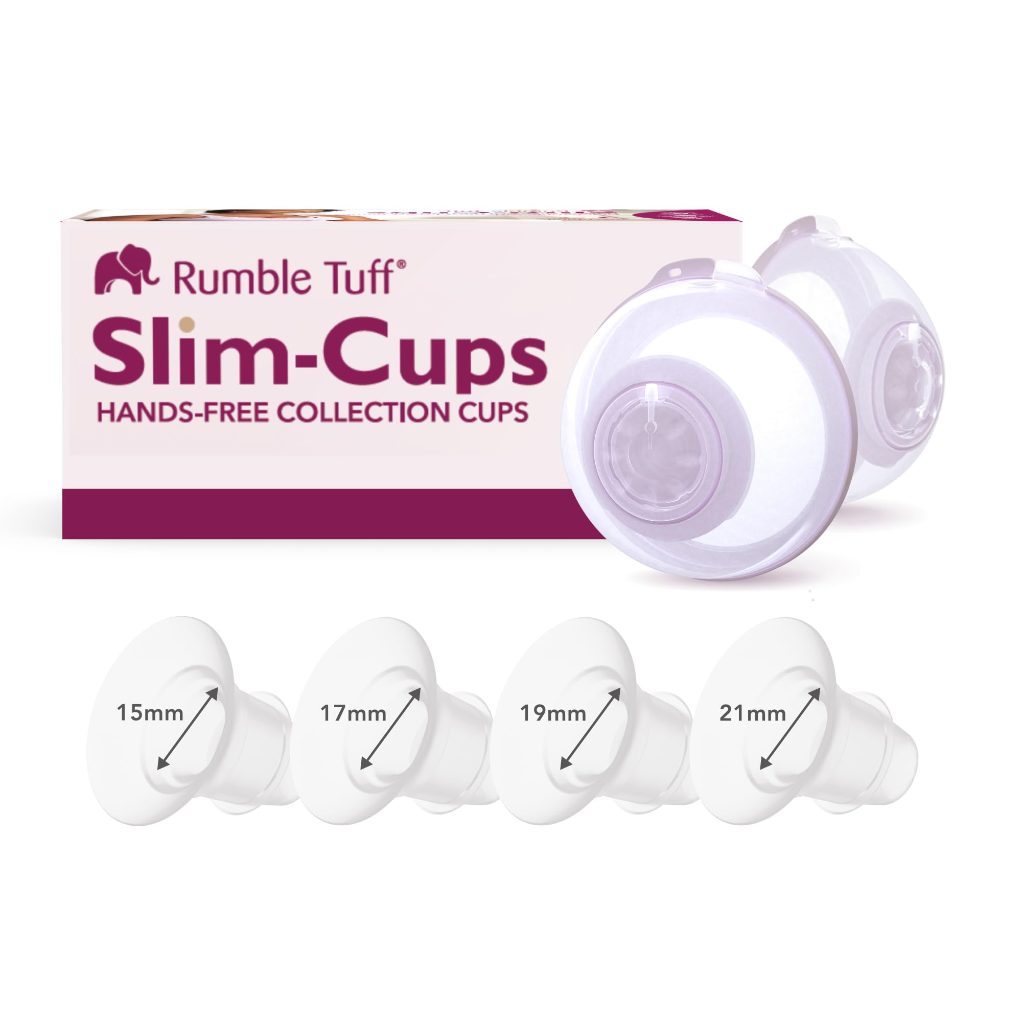 Rumble Tuff - Slim Cups - Vasos de colección manos libres para bebés y madres con kits de inserción, funciona con la mayoría de extractores de leche eléctricos (24 mm) (kit pequeño)