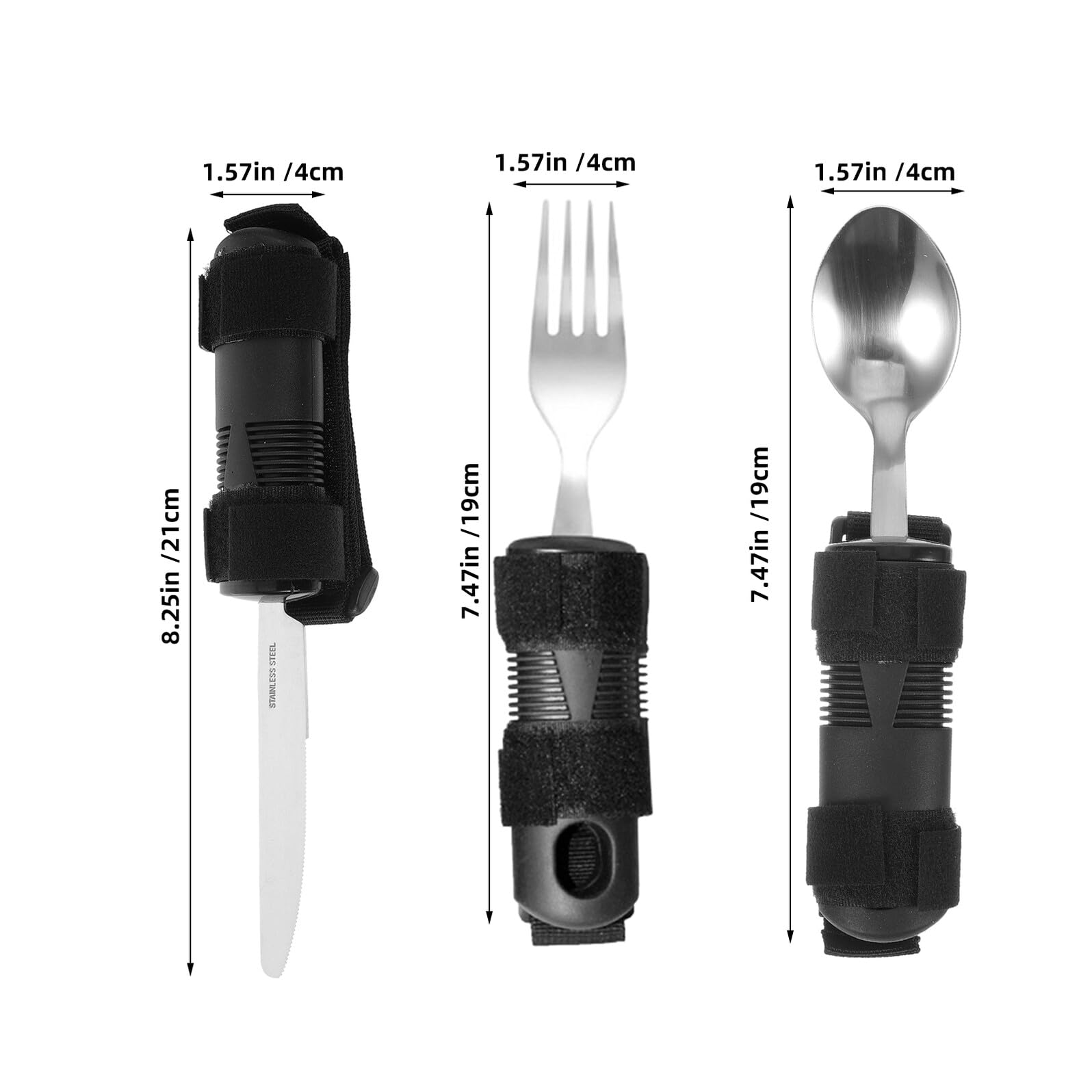 Cubiertos Adaptados Antivibración para Autoalimentación, 1 Set | Acero Inoxidable, Plástico y Poliéster, Cuchara y Tenedor Angulares Mangos Anchos, Fácil Limpieza