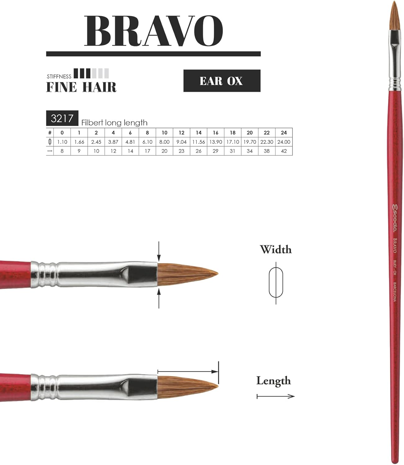 Escoda Bravo Series 3217 Artist Oil and Acrylic Paint Brush, Light Ox Hair, Filbert, Size 22