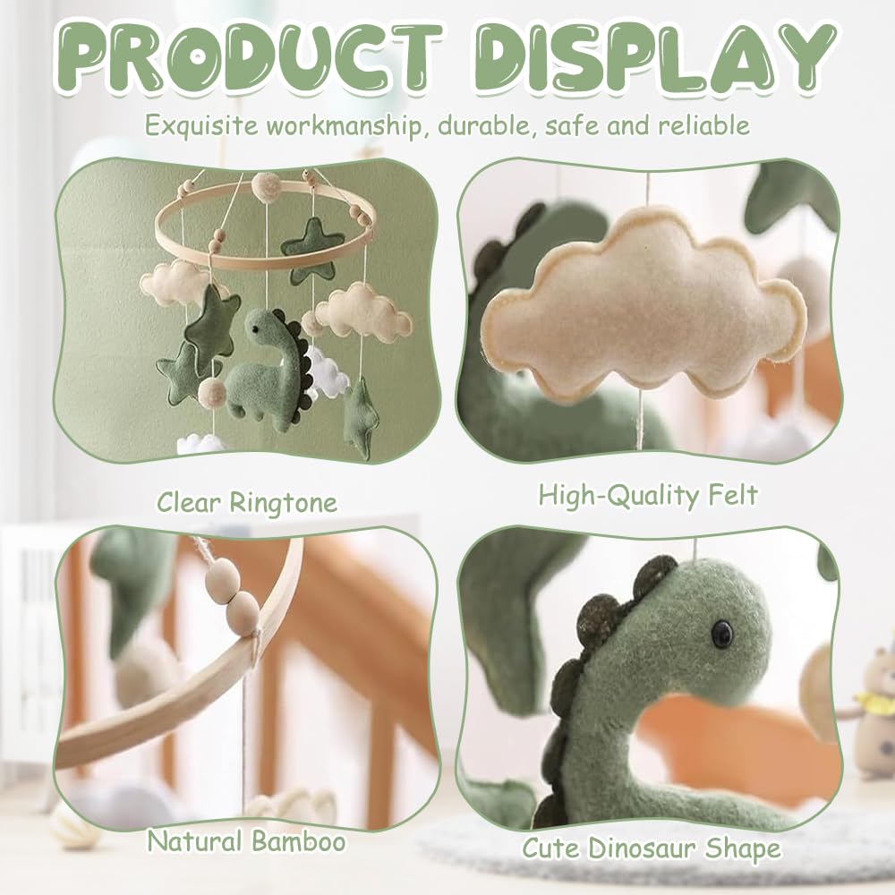 Movil Cuna Bebe, Carrusel Cuna Bebe con Dinosaurios, Nubes y Estrellas, Mobile bebe Colgante Decoración, Regalo para Recién Nacidos, Niños y Niñas