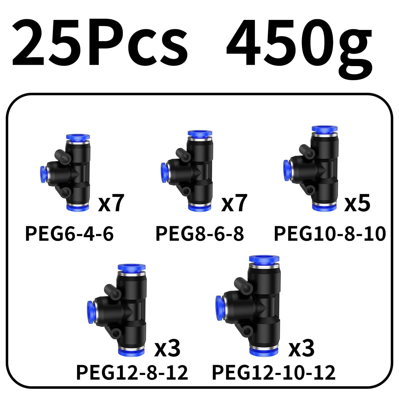 Conectores de 3 vías de manguera de polietileno PEG PEW Tee 4, 6, 8, 10, 12 mm (25 unidades, caja de 3)