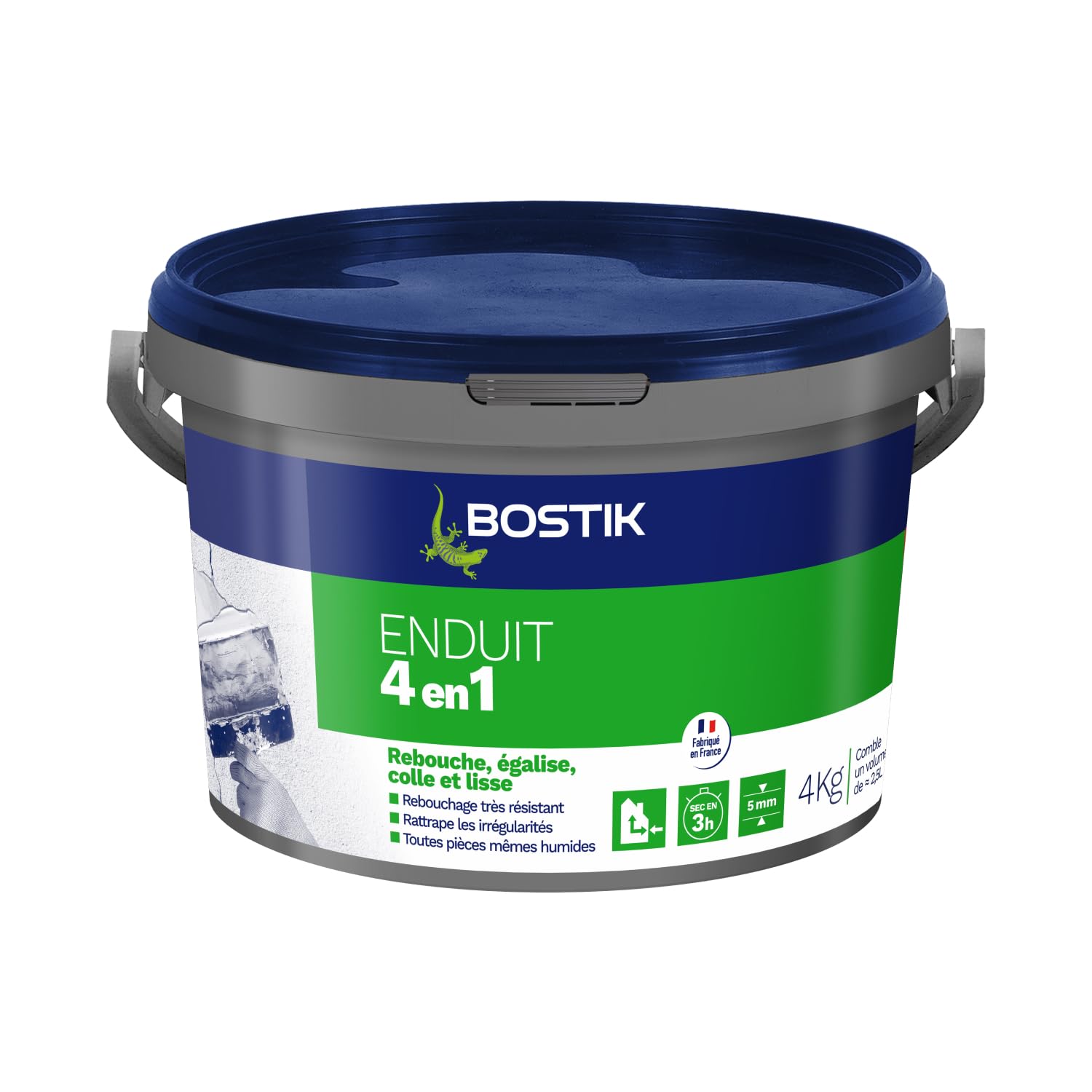 BOSTIK Enduit Mural 4 en 1 Pâte – Rebouche, Egalise, Lisse, Colle – Intérieur/​Extérieur – Couleur : Blanc – Pot de 4kg