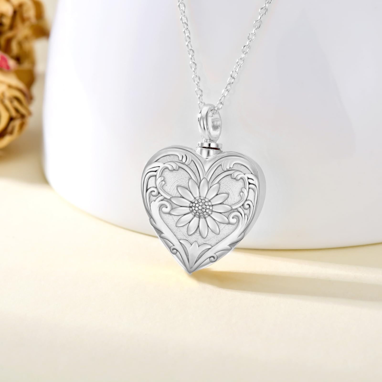 SOULMEET White Gold Filled Sunflower Cremation Jewelry for Ashes Heart Sunflower Urn Necklace that Holds Human Dog Ashes - Image 2