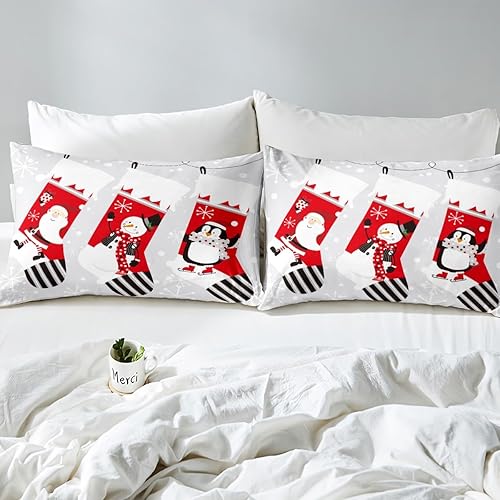 Miniatura 6 de Erosebridal Juego de edredón de calcetines de Navidad para niños, juego de edredón de Papá Noel, ropa de cama de Navidad, muñeco de nieve, pingüino,