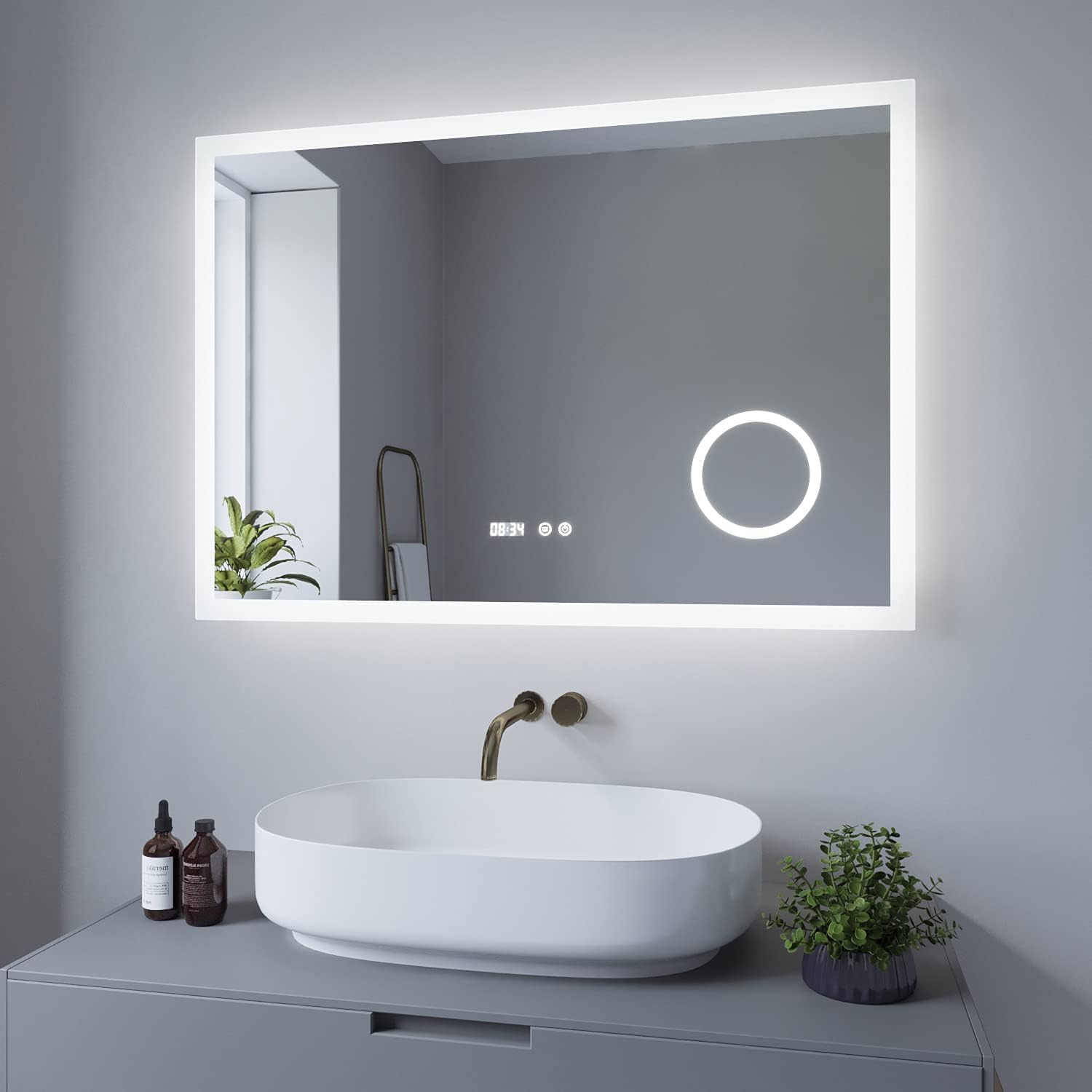 EMKE Miroir Lumineux Salle De Bain 100x70cm, Cadre Noir, Miroir LED Avec Interrupteur Tactile Anti Buee Horloge Et Temperature Lumiere Neutre 89026484