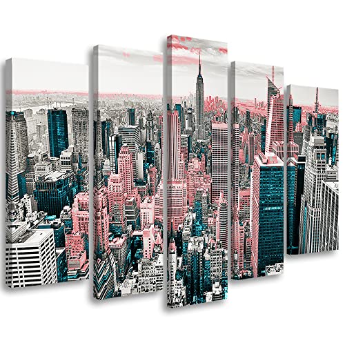 Feeby 5 pièces Impression sur Toile Intissé 150x100 cm Manhattan Empire State Building New York Image Moderne Tableau Déco Mural Salle De Séjour Ciel rouge...