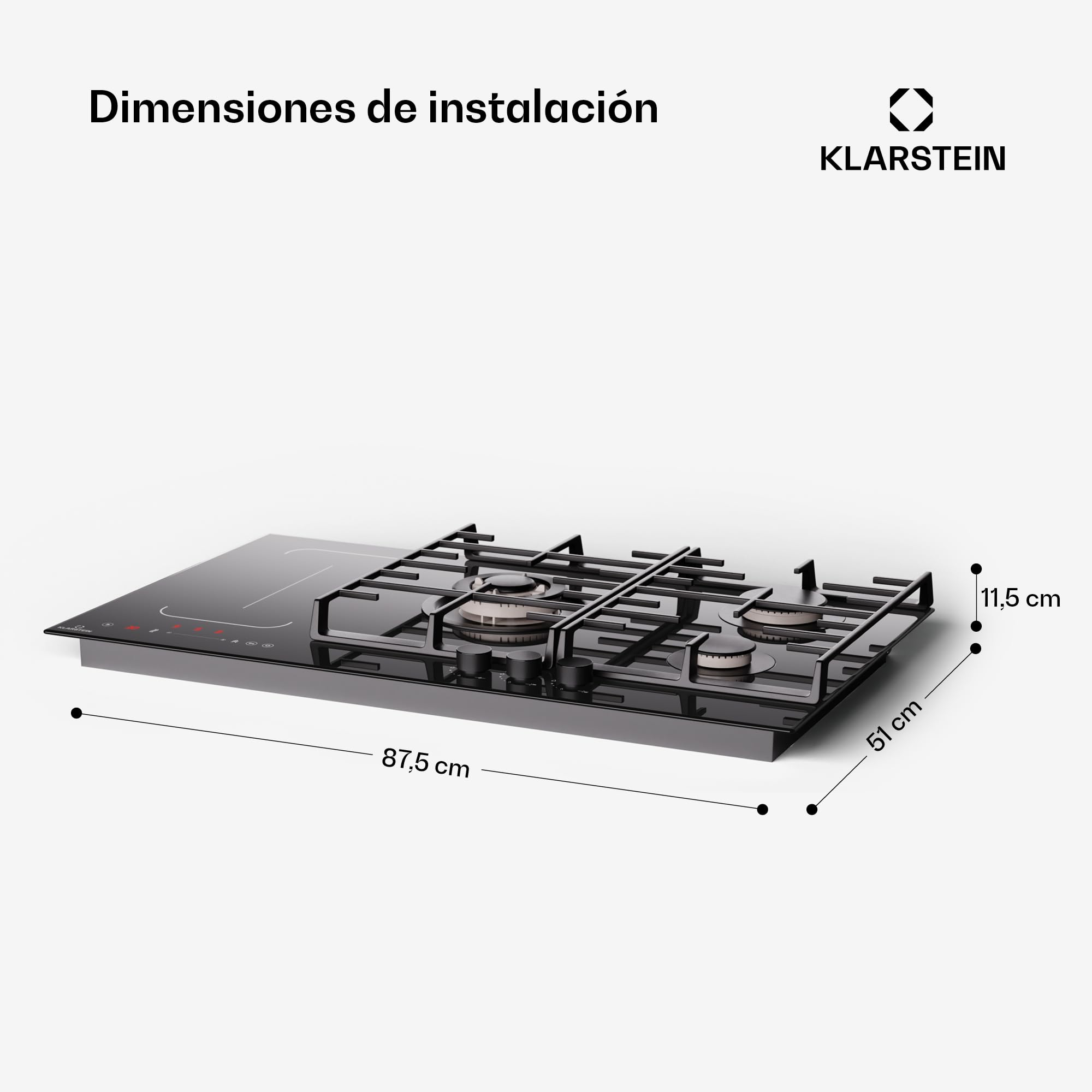 Klarstein MultiChef 5 Placa Mixta Gas Inducción - 5 Zonas (3 Gas, 2 Inducción), Flexzone, Control Deslizante, Stop&Go, Temporizador, 10.6Kw, Negro