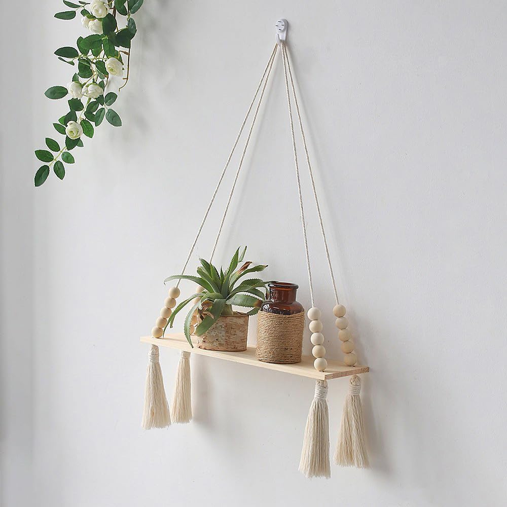 JUNY Macrame Wall Hanging Shelf, Boho Wall Plant Hanger Shelves with Handmade Woven Leaves, Rustic Wood Storage Display Shelf for Kitchen, Bathroom, Home Storage, Floating Plant Shelf, Green Leaves