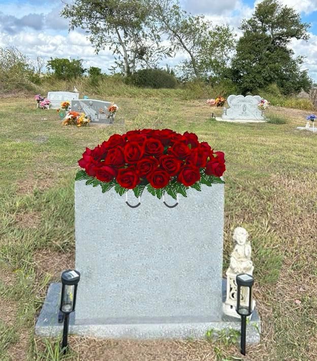 Artificial Roses Cemetery Flowers Outdoor Grave Decorations - Realistic - Saddle Arrangement for Headstone,Tombstone Memorial Decorations,Easy Fit (Red) image 7