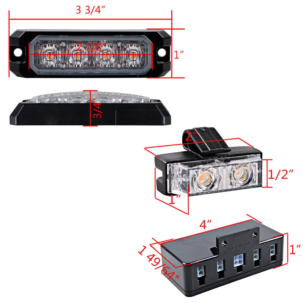4pcs Amber 4-LED Waterproof SYNC Strobe Lights + 8pcs Amber 2-LED Warning Emergency Grill Flashing Lamps for Car Truck 12V