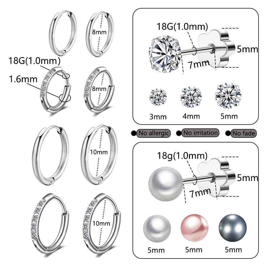 10 Pairs Small Silver Hoop Earrings for Women Hypoallergenic Surgical Stainless Steel Earrings Sets for Multiple Piercing Flat Back Stud Earrings for Cartilage Helix with Pearl & Cubic Zirconia2