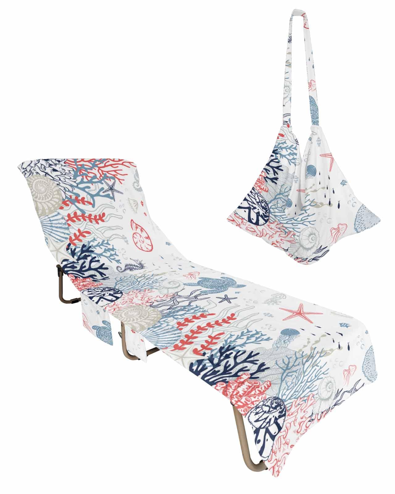 Coastal Turtle Coral Beach Chair Cover with Side Pockets, Microfiber & Quick Dry Pool Chaise Lounge Chair Towels Covers for Sun Sunbathing Patio Garden Hotel, Seaweed Starfish Jellyfish Red Blue White