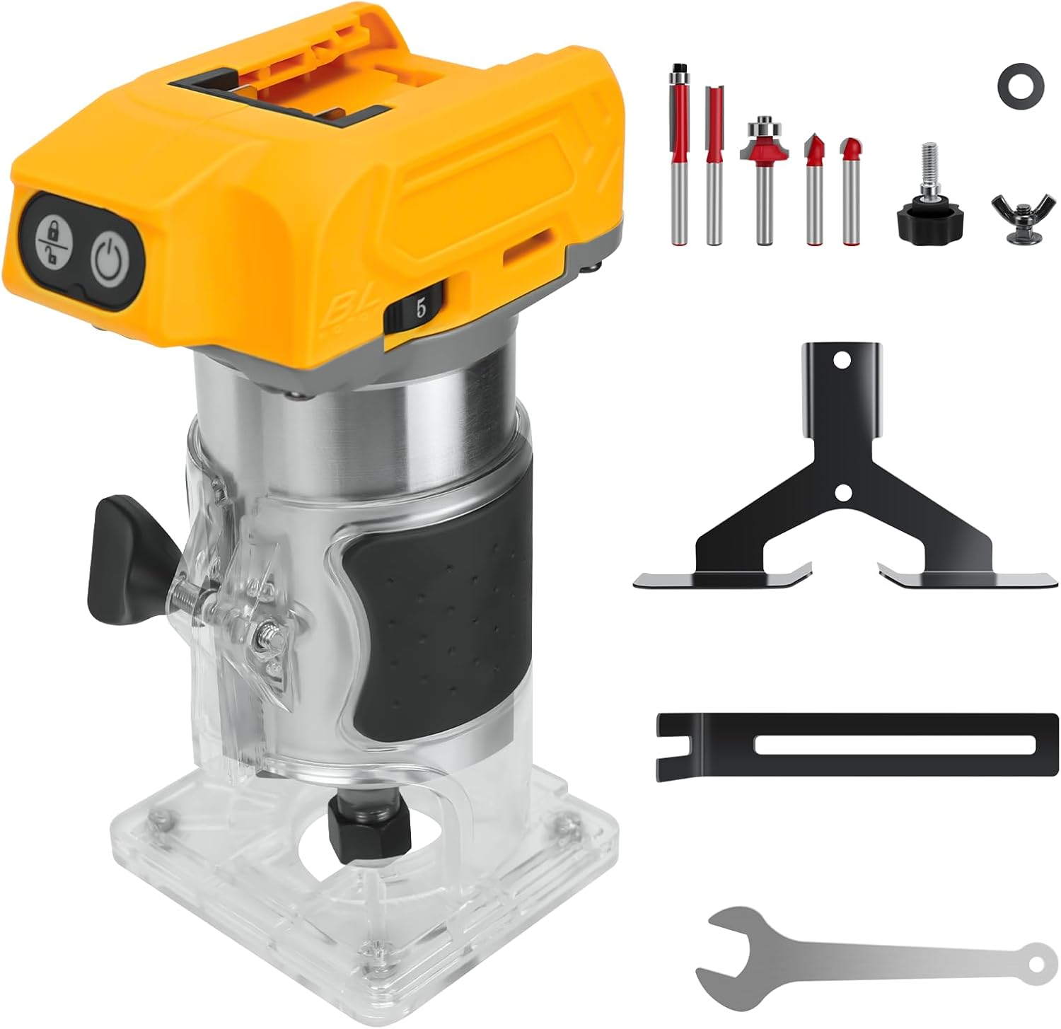 Cordless Compact Router for Dewalt 20V Battery, 800W Brushless Trimmer Router with 5 Variable Speeds, 30000 RPM, Wood Palm Router Tool with 5PCS 1/4" Router Bits, Edge, Roller Guides