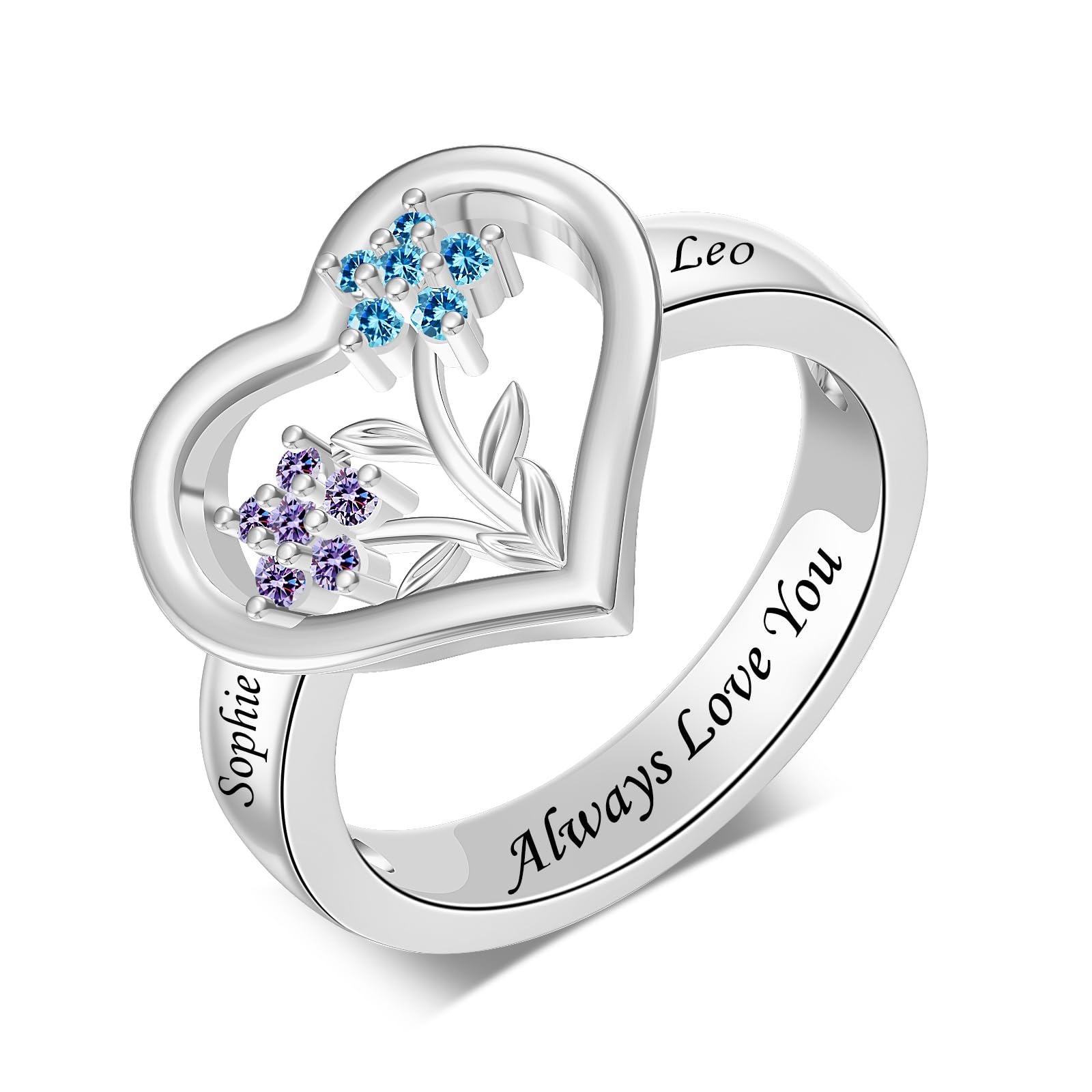 YUYOO Custom Mothers Ring Personalized Heart Birthstones Ring for Women Engraved Family Ring with Flower Birthstones Gift for Women Birthday Mothers
