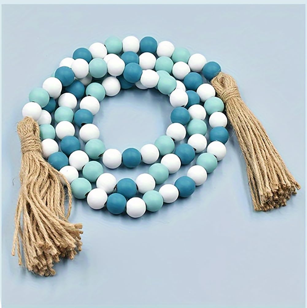 Teal Turquoise Aqua Wood Beaded Tassel Garland, Nautical Beach Farmhouse Rustic Beads Centerpieces for Tiered Tray Decorative Beads Coastal Home Room Decor, 58Inch/5ft