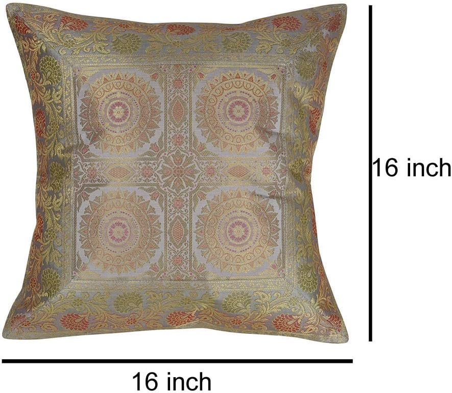 Lalhaveli Decorative Mandala Design Indian Banarasi Silk Square Cushion Covers 16x16 inch (40x40 cm) (2 Pc)