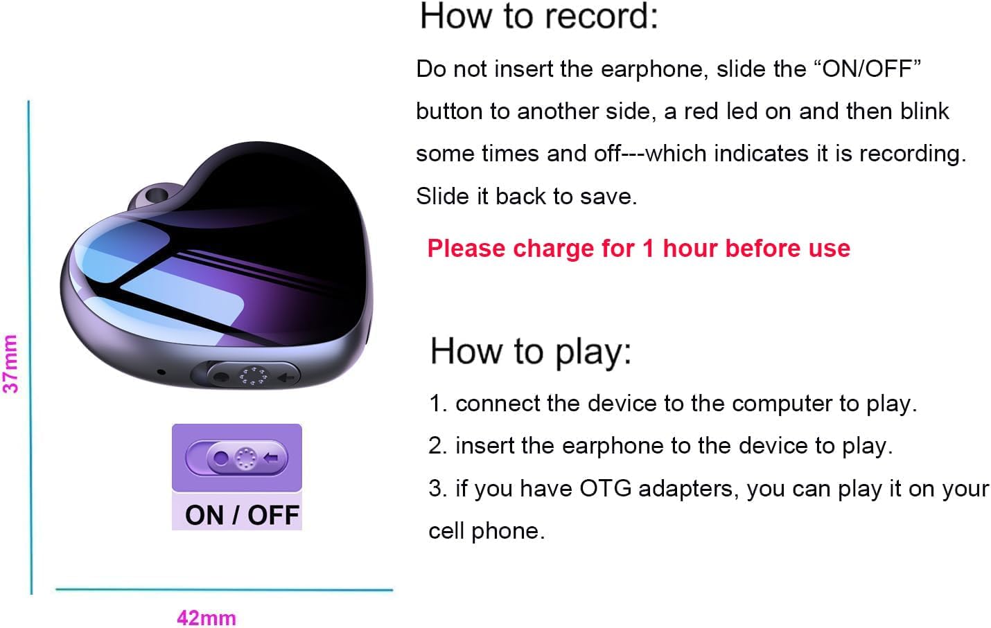 LemoVoz Mini Voice Recorder showing its dimensions (37mm x 42mm) and the ON/OFF switch.