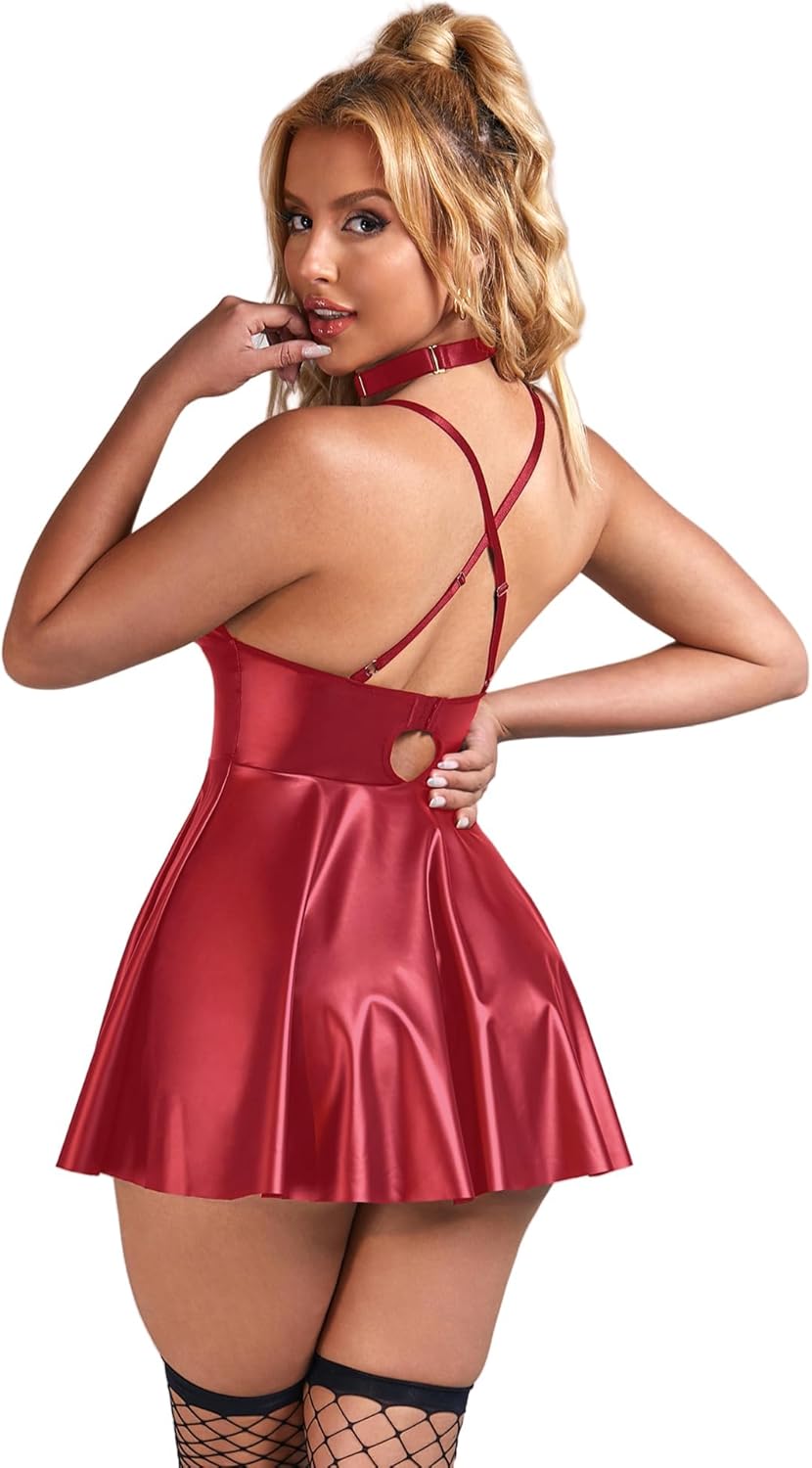 ohyeahlady Women Sexy PU Leather Dress Plus Size Spaghetti Strap Mini Dresses Sleeveless Pleated Steampunk Clubwear