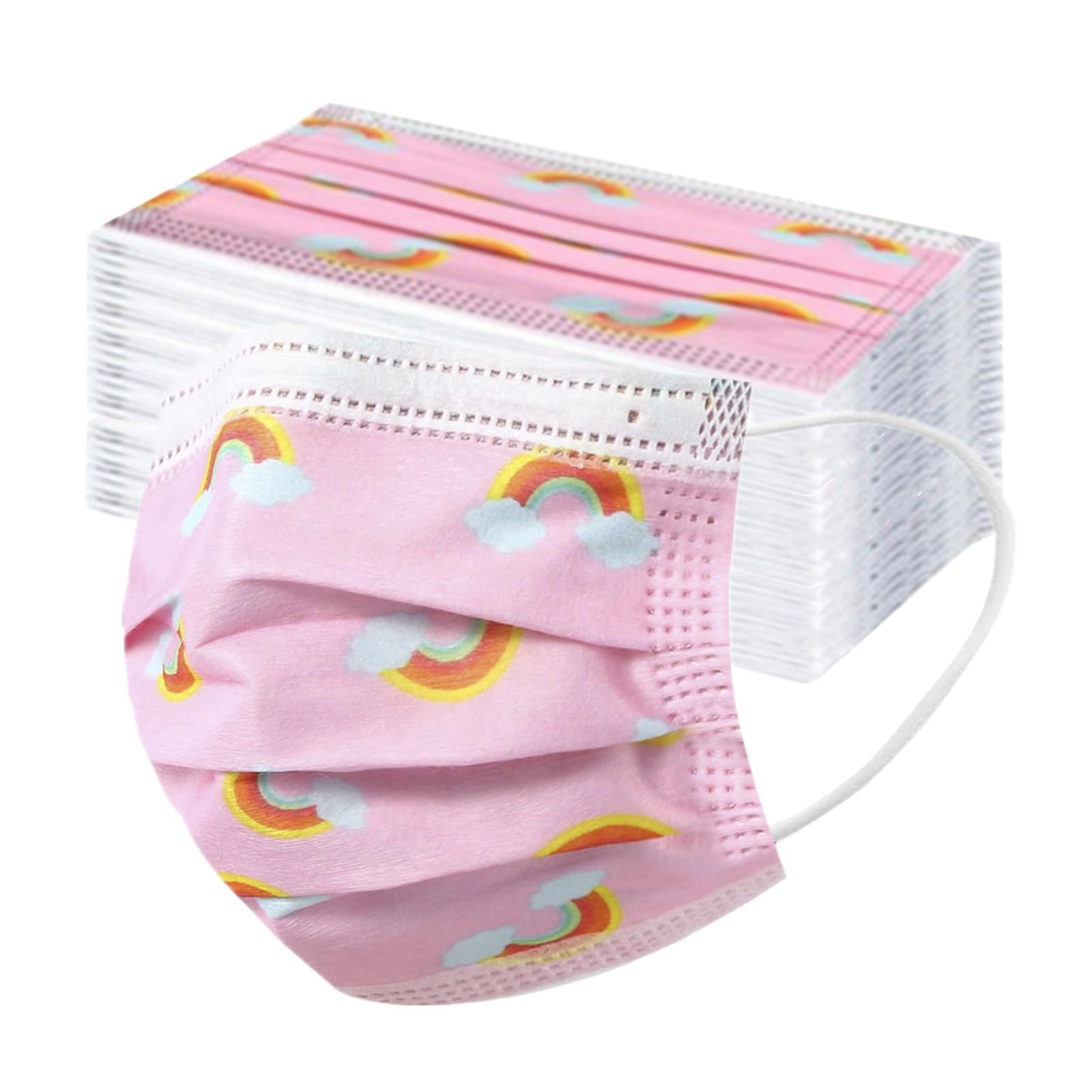 50 Pack Kids Pink Disposable Face Mask, 3 Ply Breathable Rainbow Printed Cute Masks for Children Full Face Protection