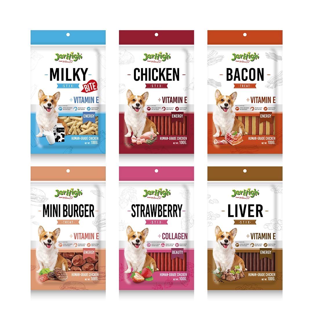 Jerhigh Real Stick Chicken with Strawberry, Bacon, Liver, Chicken Stix, Milky Bite and Mini Burger Flavor Combo Dogs Treat All Life Stages (100g) - 6 Pack by DogsNCats (B0CGTYSYSV) Amazon Price History, Amazon Price Tracker