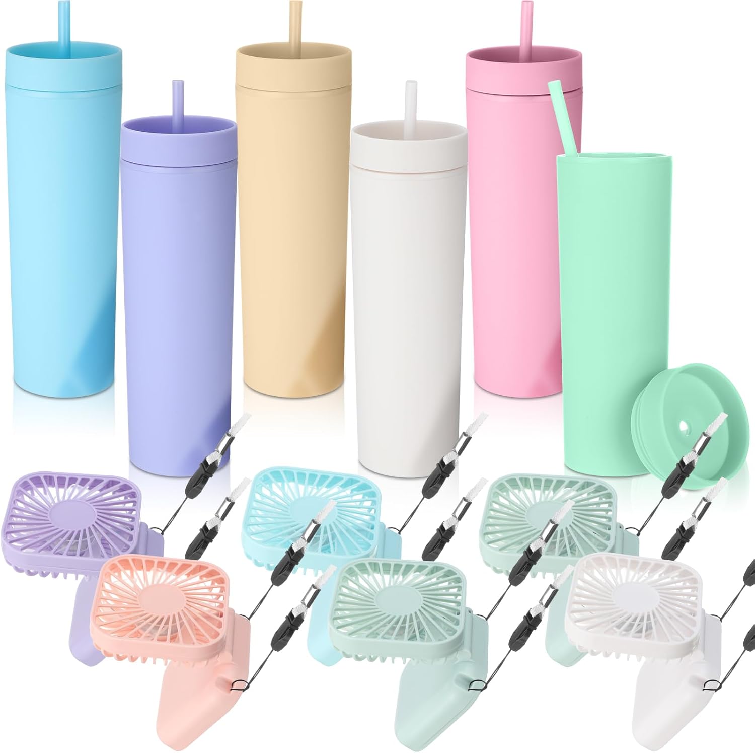 Reallnaive 12 Pcs Skinny Tumbler Bulk and Mini Portable Fans Set for Summer, 16 oz Plastic Cups with Lids Straws and Small USB Rechargeable Handheld Fan for Cooling Gift (Multicolor)