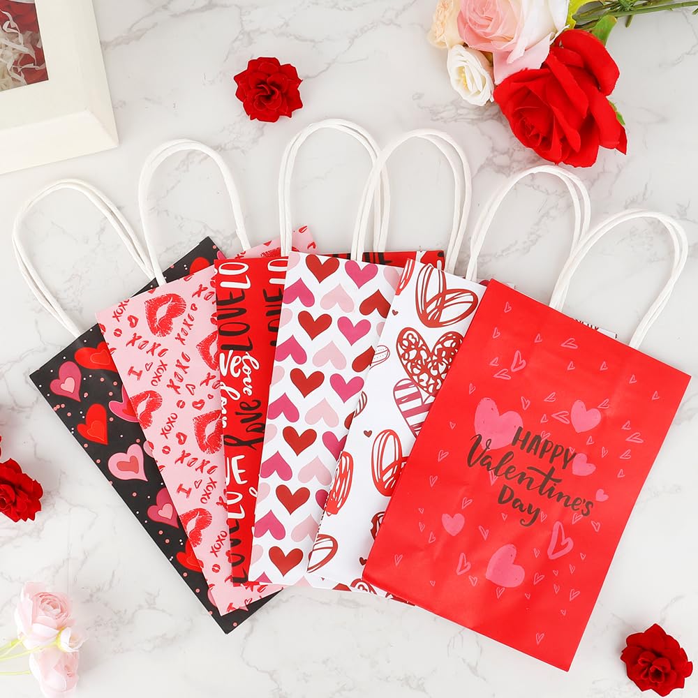 Valentines Gift Bags, 12 PCS Valentine Paper Bags with Handles, Valentines Day Gift Bag, Heart Shaped Valentine Treat Goodie Candy Cookie Bag for Valentine's Day Wedding Holiday Party Favor Supplies