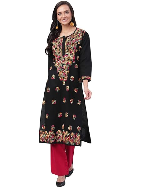 Ada Lucknowi Chikankari Hand Embroidered Straight Black Cotton Kurta Kurti Tunic for Women A188048