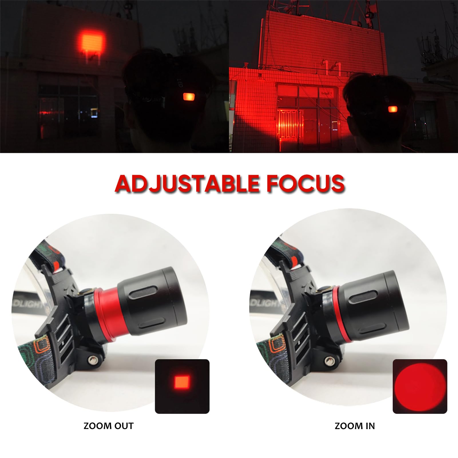 XLENTGEN Lampe Frontale Rouge 800 Lumens Lampe Frontale Rechargeable avec Lumière Rouge, 3 Modes Lampes Frontales de Chasse Zoomable pour Vision Nocturne, Astronomie, Pêche (Piles Incluses)