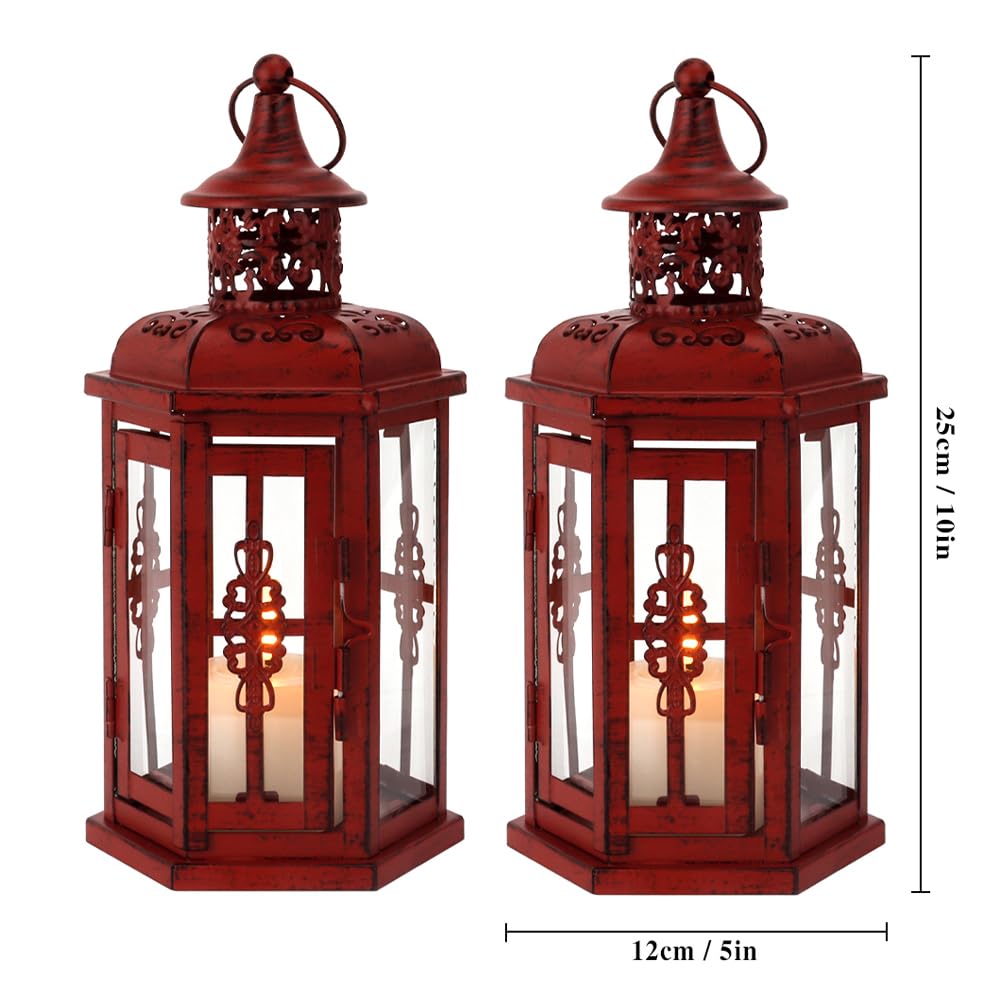 JHY DESIGN 2er-Set Dekorative Kerzenlaternen 25 cm hoch Hängende Vintage Laternen Metallkerzenhalter für Innen- und Außenveranstaltungen, Partys, Gotisch und Halloween (Rot mit schwarzem Pinsel)